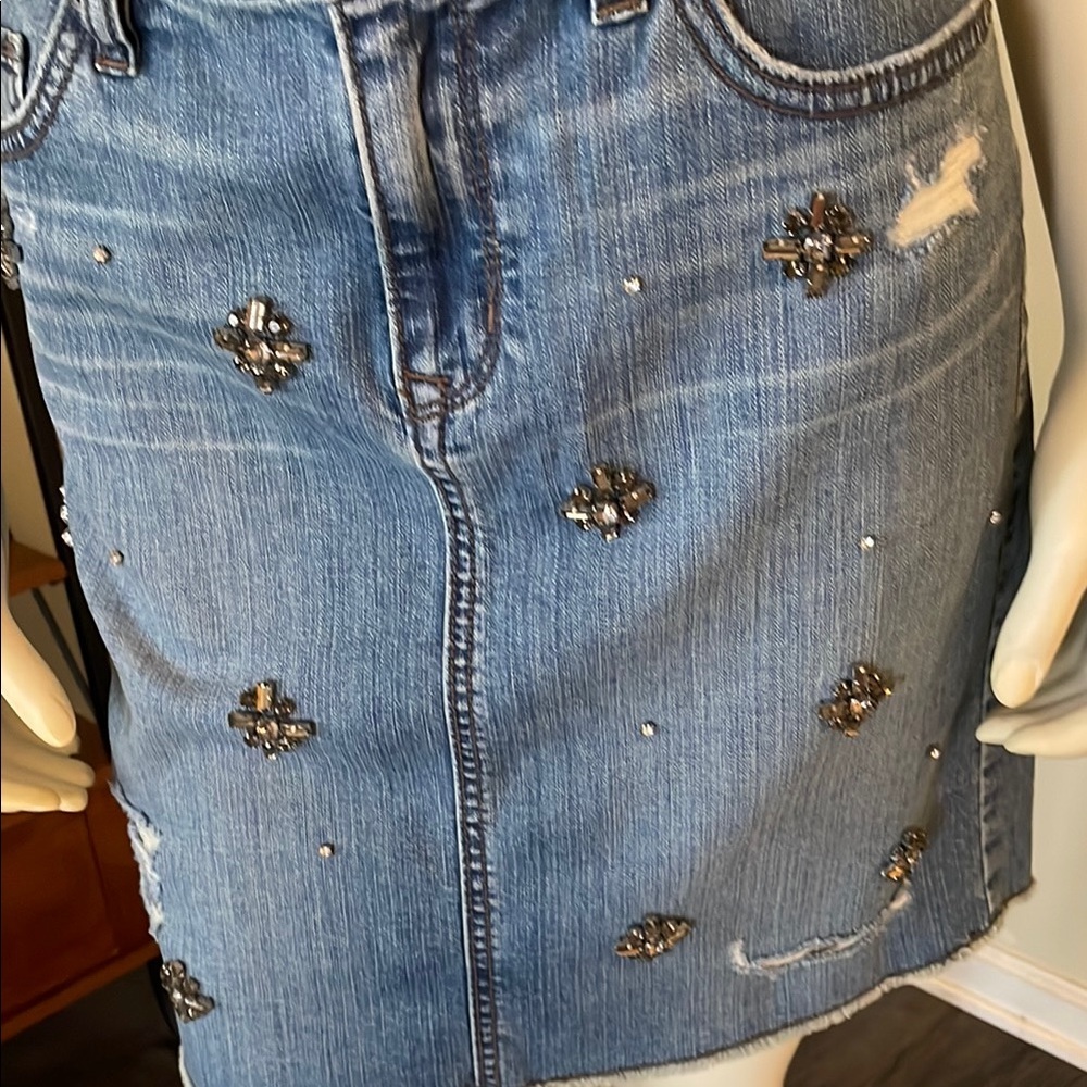 LOFT Tan Top and Blue Denim Skirt - Picture 2 of 4